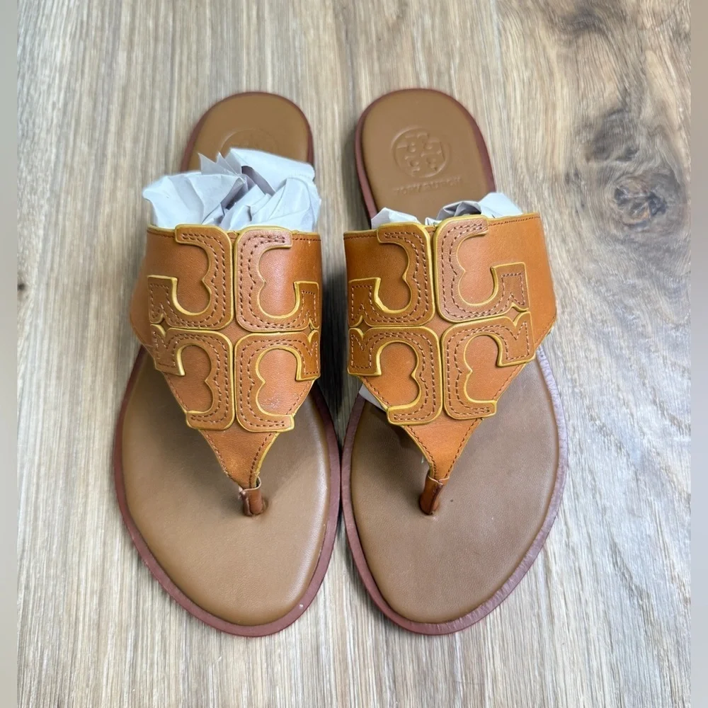TORY BURCH Jamie Full Logo Leather Thong Sandals in Royal Tan Size 5 US EUC